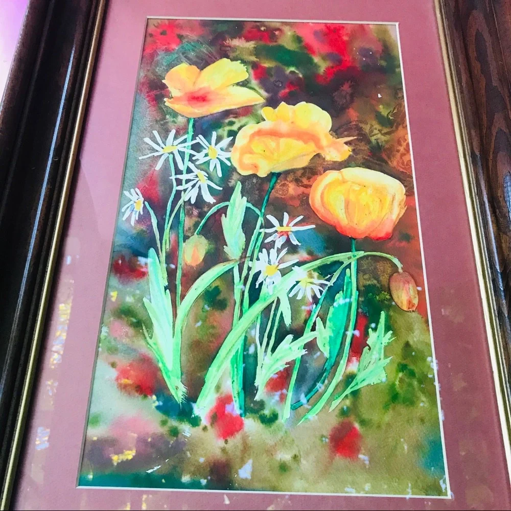 Vintage original watercolor painting in frame